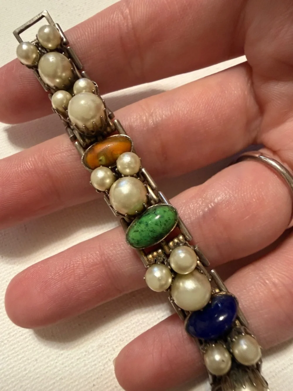 Elegant Antique Rare Multi-Color Faux Pearl and Cabochon Stretch Bracelet